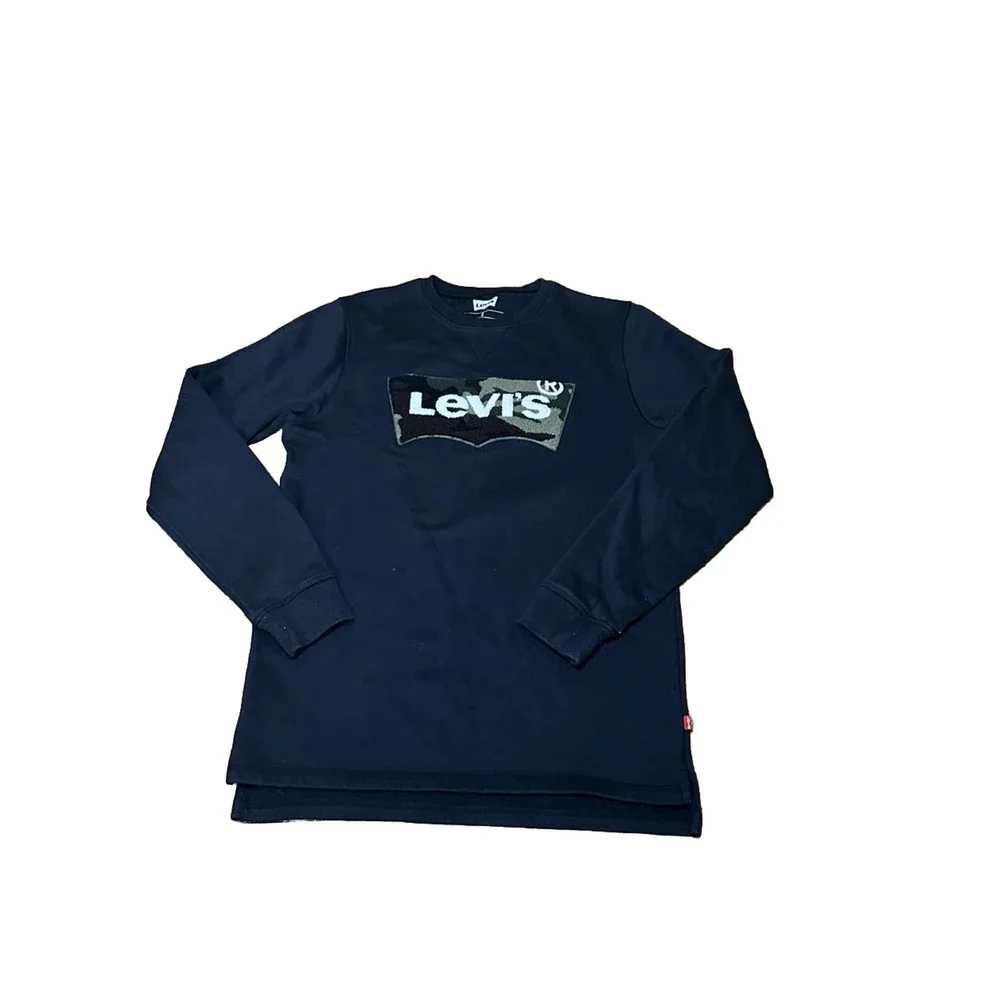 Levis Sweatshirt Mens Size S‎ Black Crewneck Pullover Chest Logo Camo Puffy LOGO